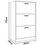 [White Marble] Dimension sketch of white marble 3 drawer slim shoe cabinet, 112cm tall and 60cm wide. Compact shoe storage for hallways.