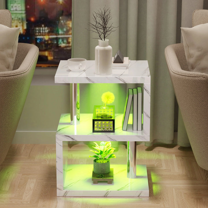 [White Marble] White marble high gloss sofa side table between two cream armchairs with green LED glow on shelves at night