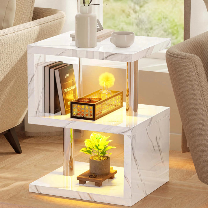 [White Marble] White marble high gloss sofa side table with yellow LED glow, caged lamp on middle shelf and books beside