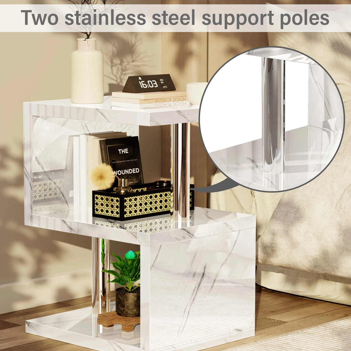 [White Marble] White marble side table chrome pole detail with magnified circular inset showing pole join under top shelf