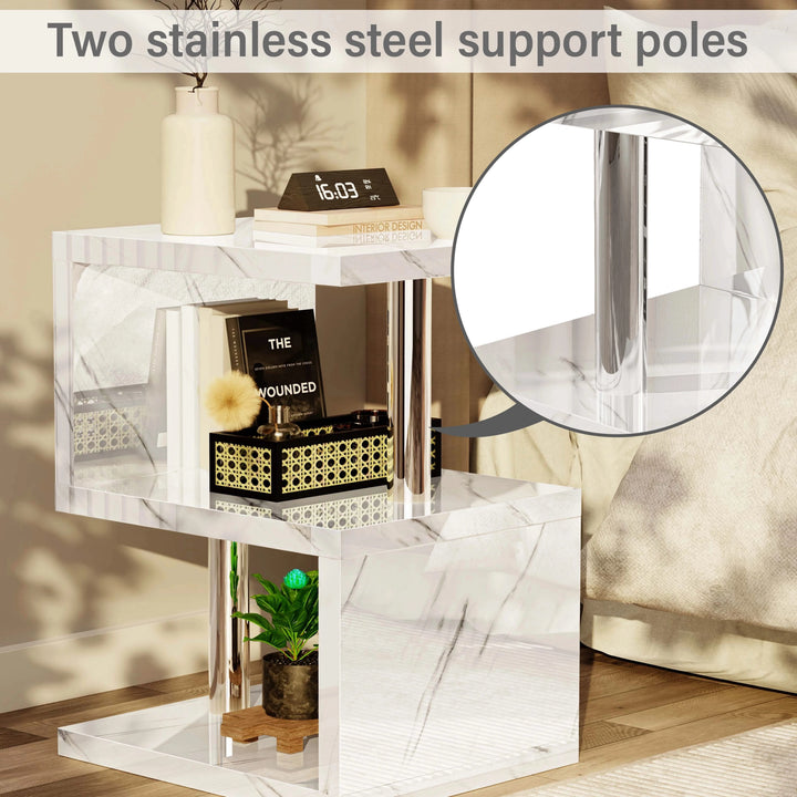[White Marble] White marble side table chrome pole detail with magnified circular inset showing pole join under top shelf