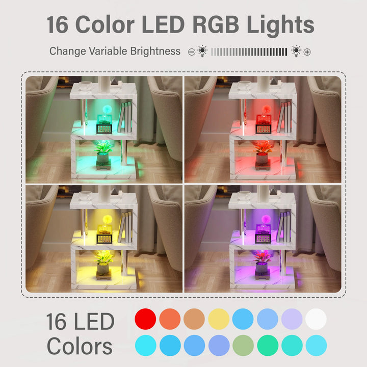 [White Marble] 16 color RGB LED lighting options for marble finish side table, with adjustable brightness for mood settings.