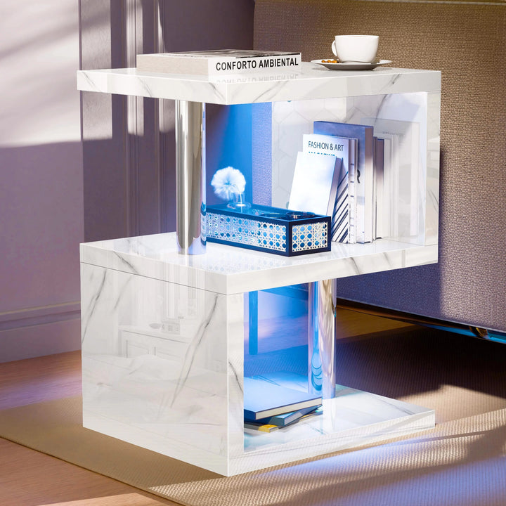 [Black Marble] Black marble S-shape side table top with espresso cup, blue LED bottom shelf and book on middle tier