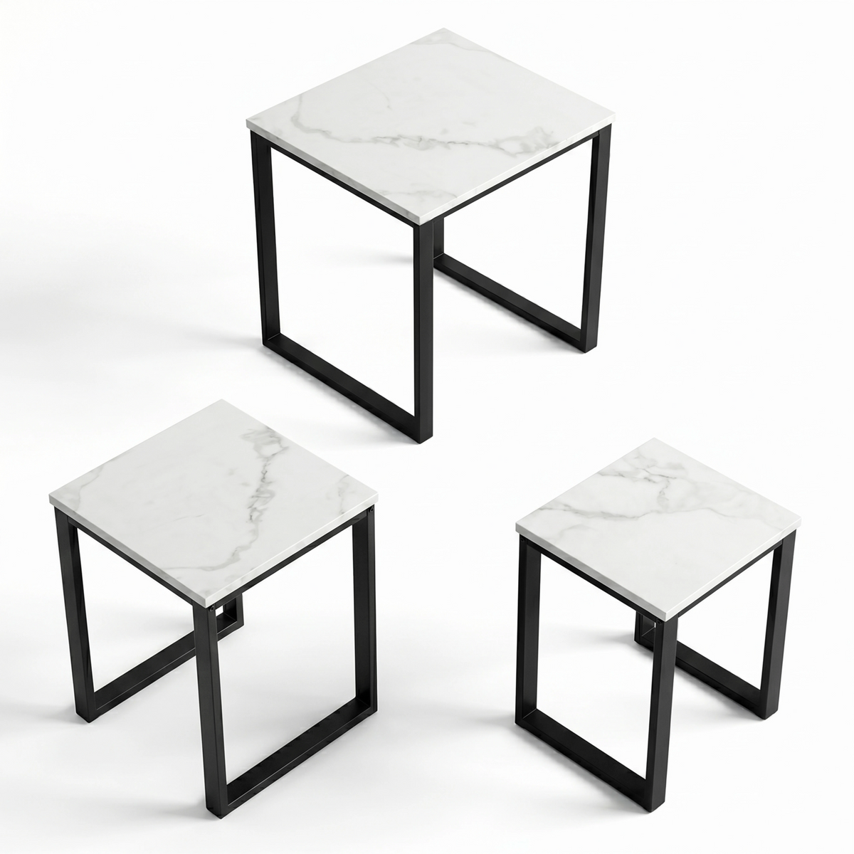 [White Marble] Stackora set of 3 nest tables shown separately on white background displaying each table individually from above