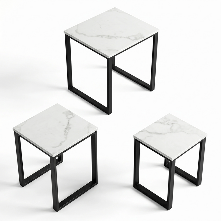 [White Marble] Stackora set of 3 nest tables shown separately on white background displaying each table individually from above