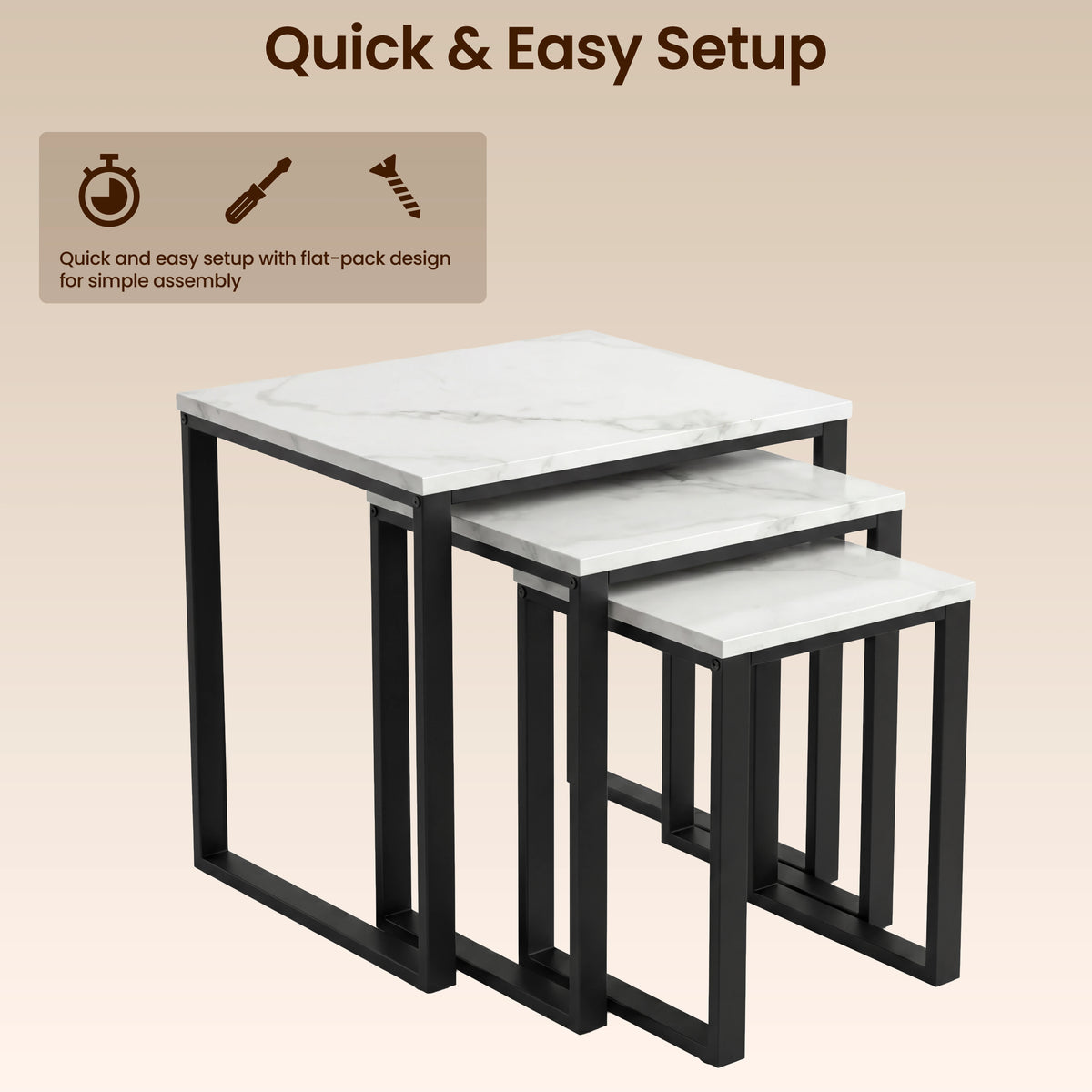 [White Marble] Stackora nest of 3 tables shown with quick setup icons and flat-pack assembly callout on beige background