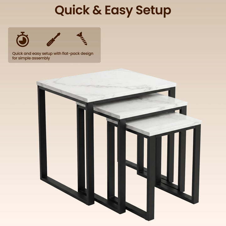 [White Marble] Stackora nest of 3 tables shown with quick setup icons and flat-pack assembly callout on beige background
