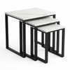 [White Marble] Stackora set of 3 nest tables with industrial black metal frame shown nested together front-facing on white background