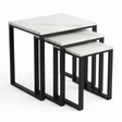 [White Marble] Stackora set of 3 nest tables with industrial black metal frame shown nested together front-facing on white background