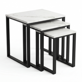 [White Marble] Stackora set of 3 nest tables with industrial black metal frame shown nested together front-facing on white background