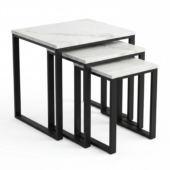 [White Marble] Stackora set of 3 nest tables with industrial black metal frame shown nested together front-facing on white background