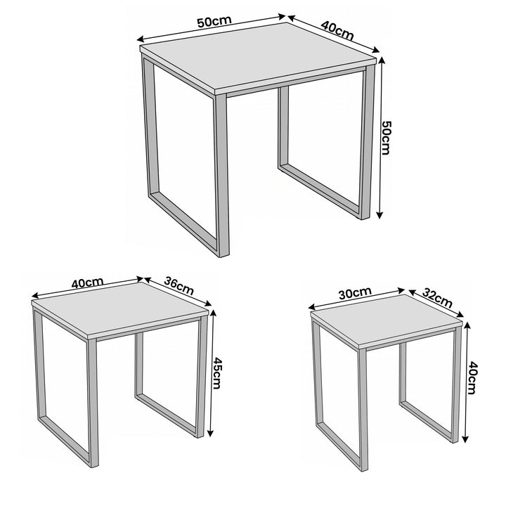 [White Marble] Stackora set of 3 nest tables size diagram showing 50x40x50cm, 40x36x45cm, and 30x32x40cm dimensions