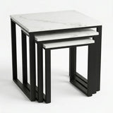 [White Marble] Stackora set of 3 nest tables stacked together compactly showing space-saving nesting design on white background
