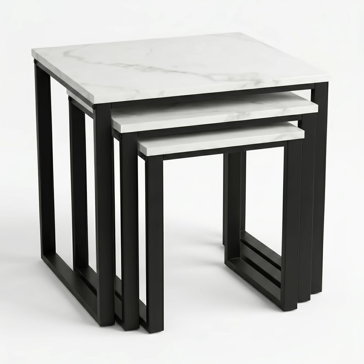 [White Marble] Stackora set of 3 nest tables stacked together compactly showing space-saving nesting design on white background