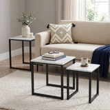 [White Marble] Stackora nest of 3 tables used separately as side and coffee tables across living room with sofa and rug styling