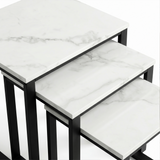 [White Marble] Stackora set of 3 nest tables overhead close-up showing white marble effect surface pattern and veining texture