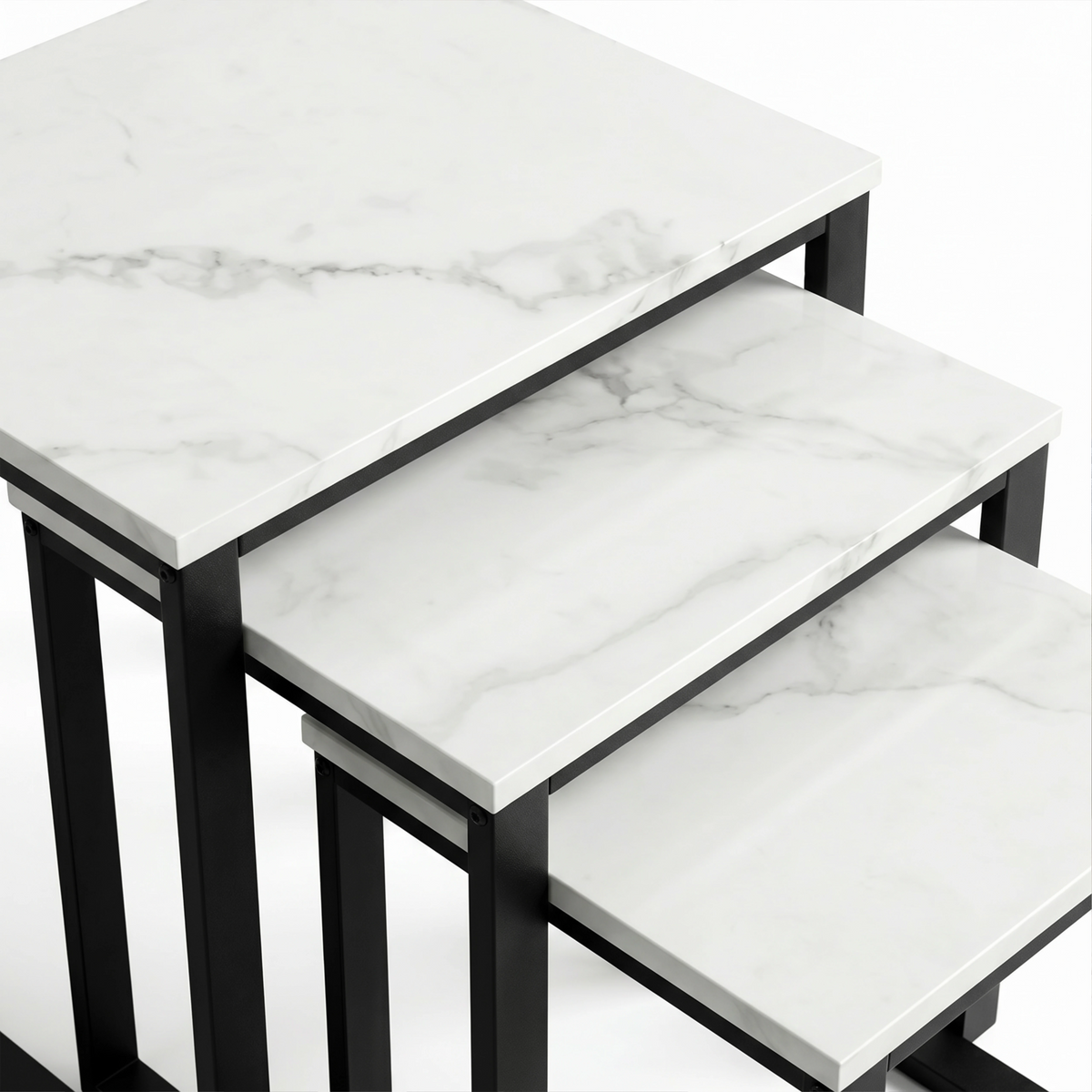 [White Marble] Stackora set of 3 nest tables overhead close-up showing white marble effect surface pattern and veining texture