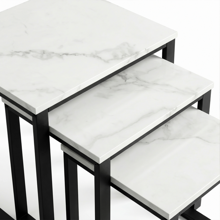 [White Marble] Stackora set of 3 nest tables overhead close-up showing white marble effect surface pattern and veining texture