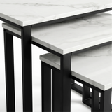 [White Marble] Stackora nest of 3 tables close-up showing marble effect tabletop thickness and black metal frame corner joints