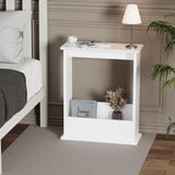 [White] Side tables styled as nightstand in bedroom with lamp and books, slim design and compact shape