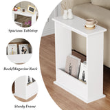 [White] white narrow side table feature panel: wide tabletop, book and magazine rack, sturdy frame