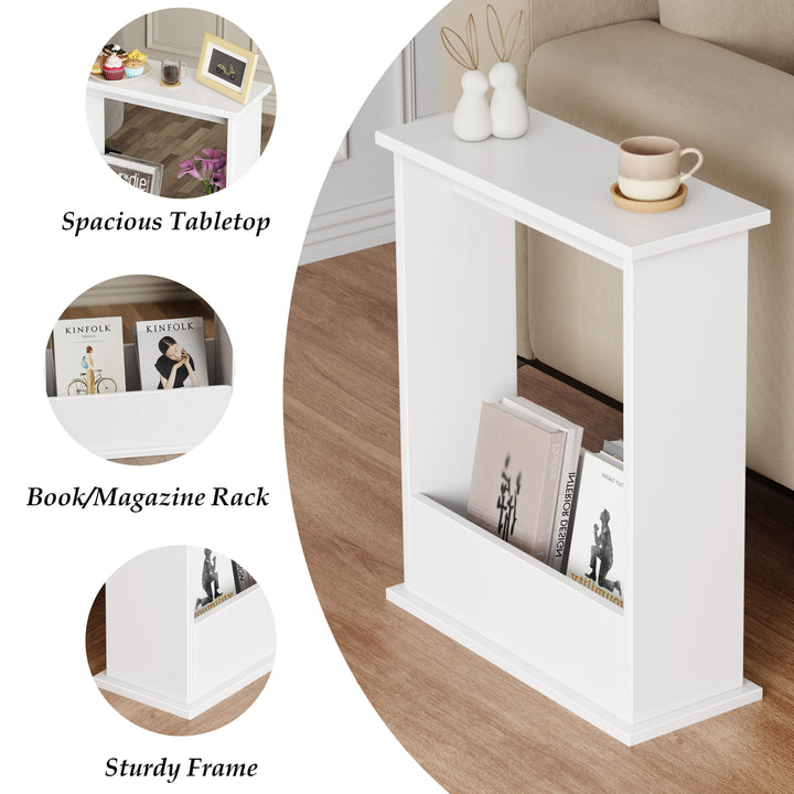 [White] white narrow side table feature panel: wide tabletop, book and magazine rack, sturdy frame