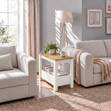 [White] Sunlit seating area with a side table between a sofa and armchair, a leafy plant on top and books below.