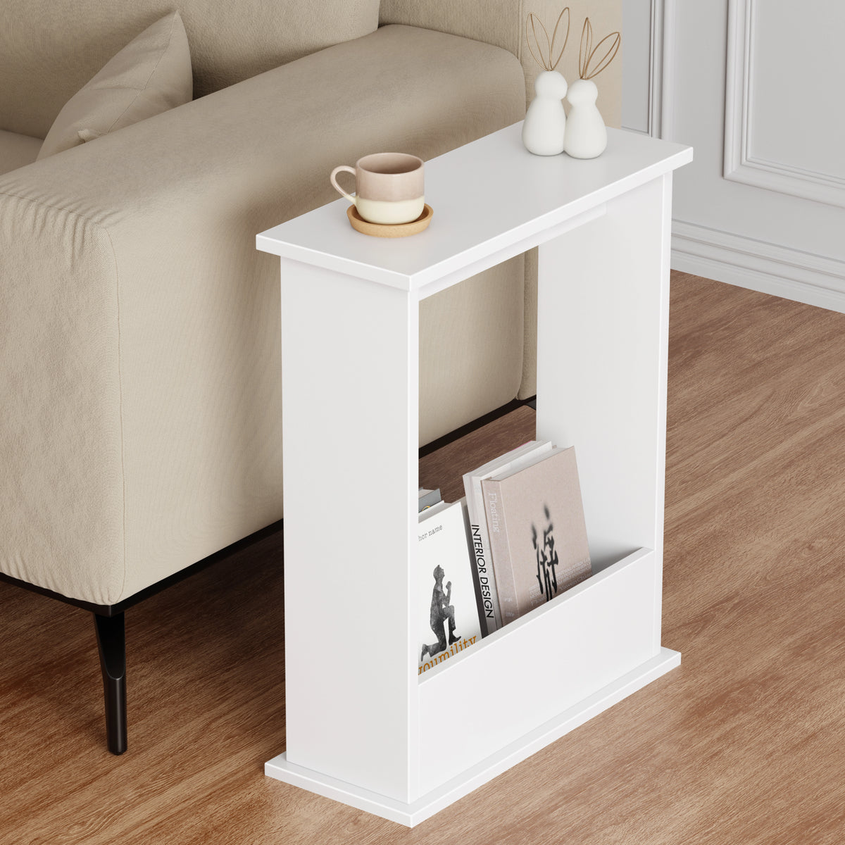 [White] side table living room with white engineered wood finish beside beige sofa, decor on top and books in front shelf