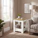 [White] Square side table in a bright living room, with books and a wicker basket stored below