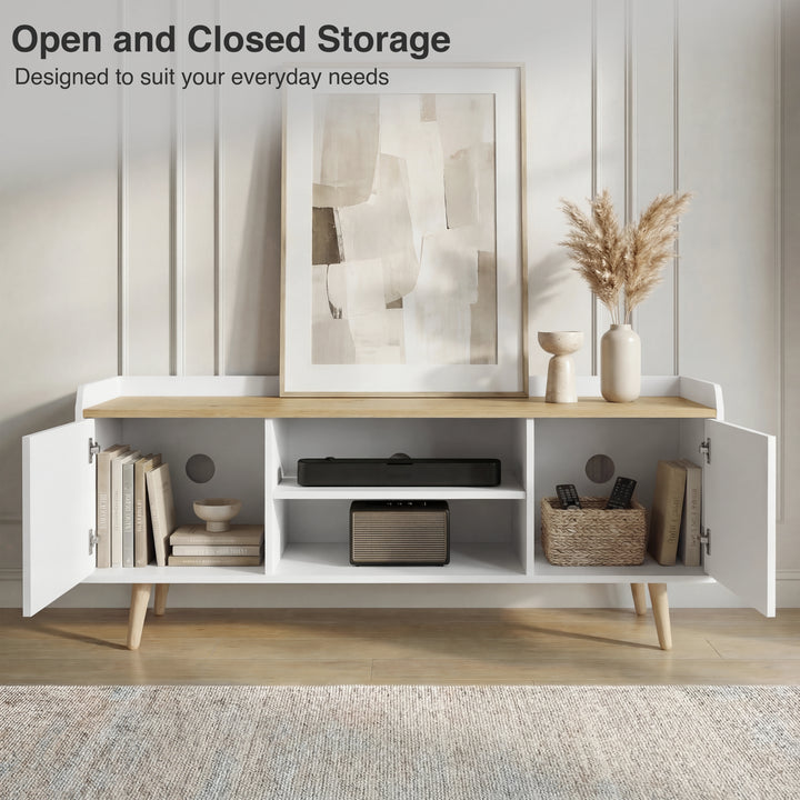 [White] White Larvik TV cabinet open and closed storage view, books inside left door and basket inside right door