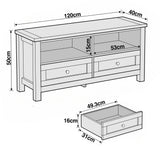 [White] Oskara TV unit line drawing showing overall dimensions of 120x50x40cm with drawer internal measurements of 49.3x31x16cm