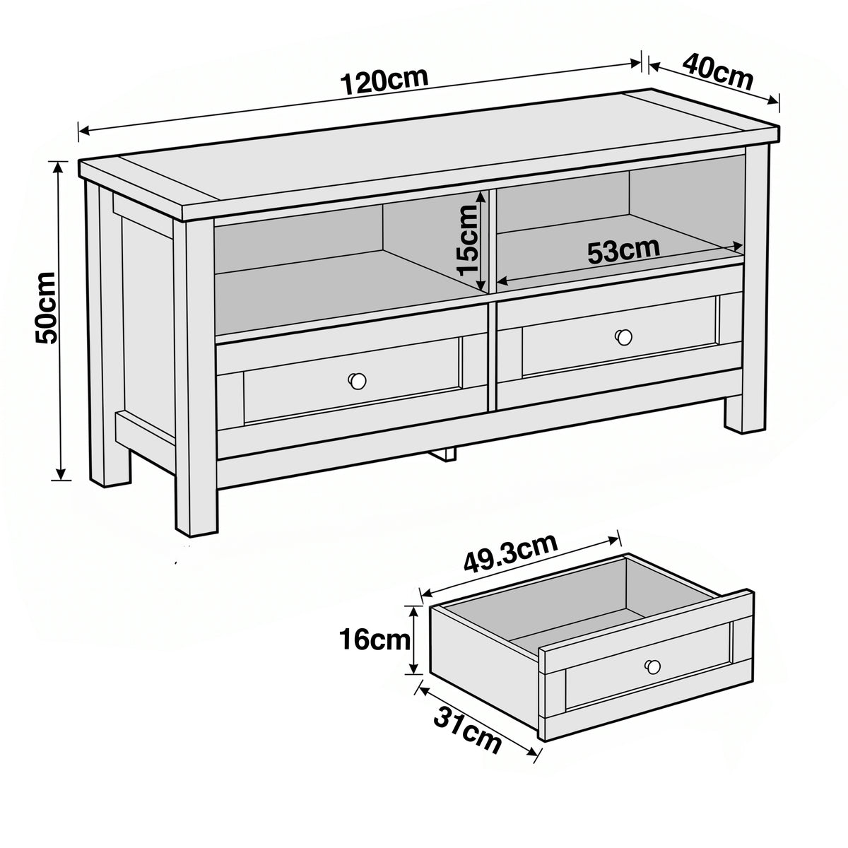[White] Oskara TV unit line drawing showing overall dimensions of 120x50x40cm with drawer internal measurements of 49.3x31x16cm