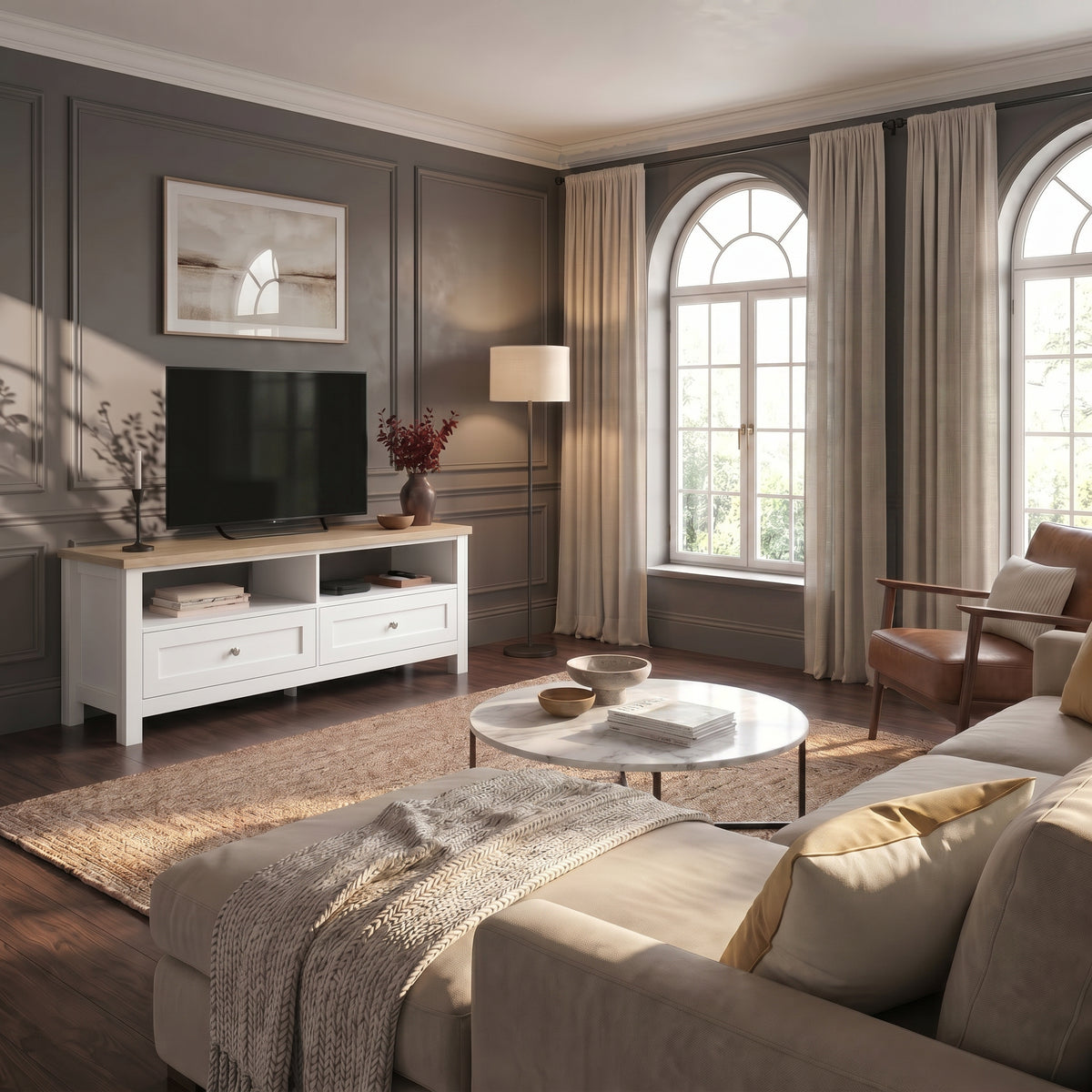 [White] Oskara TV Unit with Storage in white with an oak top styled in a classic grey-panelled living room with arched windows, a TV above and open shelving