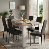 [6 Seater | Black] White & Pine 4-6 Seater Dining Table and Chairs Set in a bright dining room setting featuring a side console unit and curtains in the background