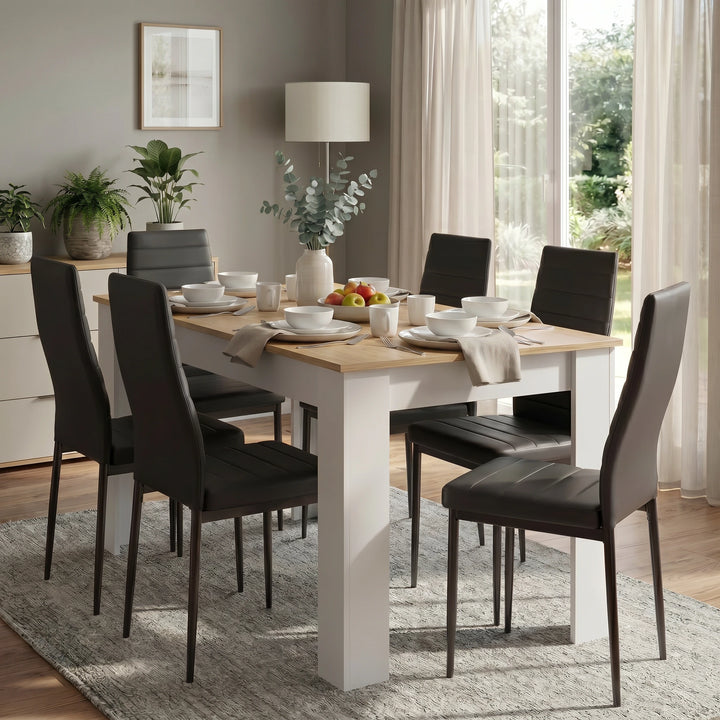 [6 Seater | Black] White & Pine 4-6 Seater Dining Table and Chairs Set in a bright dining room setting featuring a side console unit and curtains in the background