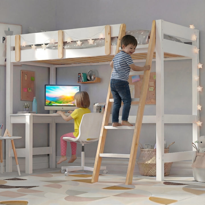 [White + Pine] bunk bed lifestyle scene with kid accessing upper bunk via angled ladder with fairy lights on rails