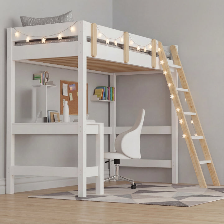 [White + Pine] Loft bed from the side with L-shaped desk and swivel chair beneath elevated sleeping platform