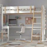 [White + Pine] Kids bunk bed with desk showing complete frame with star-print bedding on upper platform