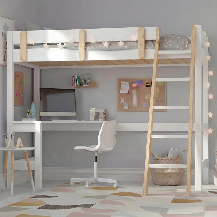 [White + Pine] Kids bunk bed with desk showing complete frame with star-print bedding on upper platform