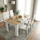 [4 Seater | White] Dining Table and Chairs Set viewed from above in a styled dining room with four white chairs, place settings, and a fruit bowl centrepiece