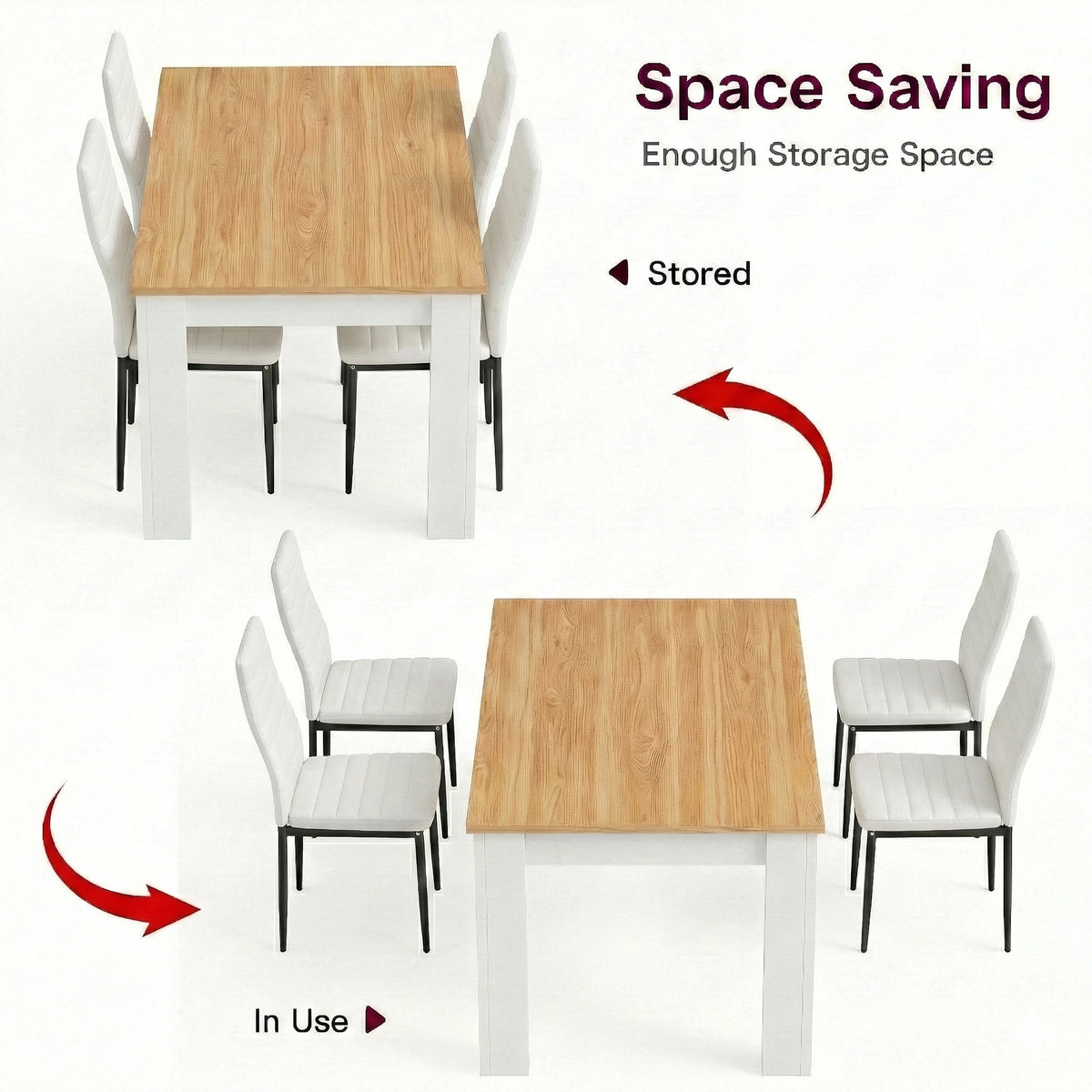[4 Seater | White] Dining Table and Chairs Set shown in two configurations white chairs tucked in for storage and pulled out for use around the table