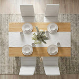 [4 Seater | White] Dining Table and Chairs Set seen from directly above with four place settings, white table runner, glassware, and a floral centrepiece