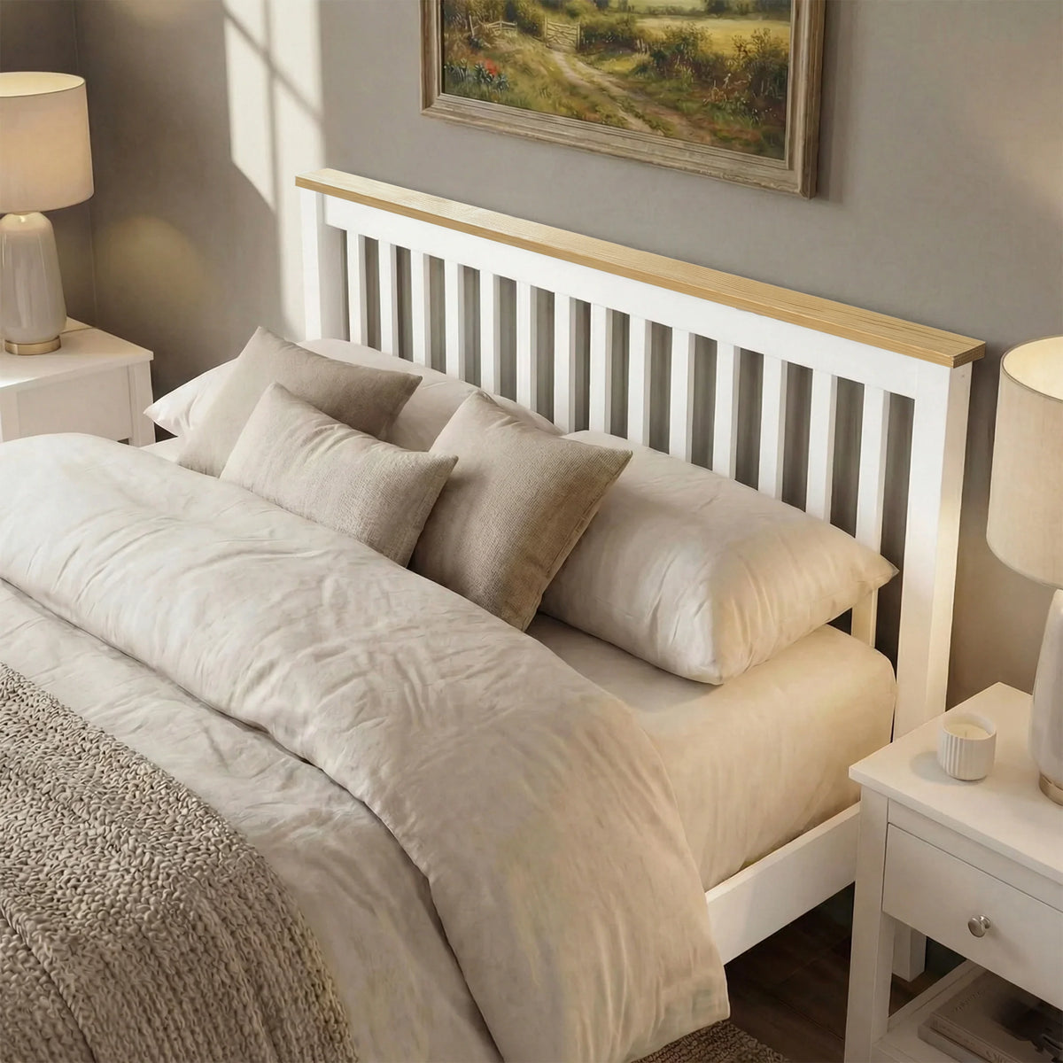 [White + Pine | Double] wooden bed frame with a light natural wood headboard, styled with beige bedding and pillows in a bedroom setting.