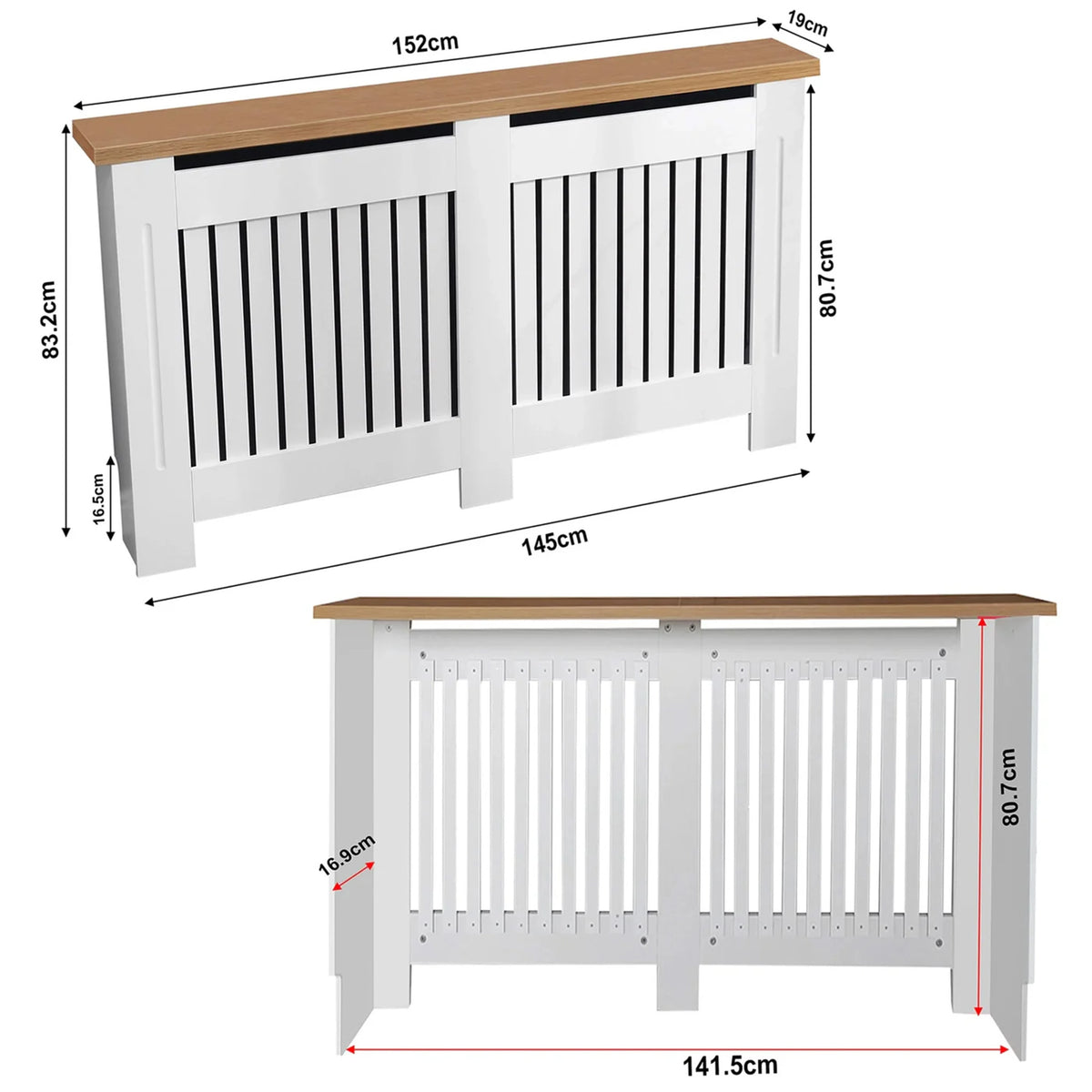 [Large | White] adiator Cover dimensions showing 152cm width, 83.2cm height, and 16.9cm internal depth from front and rear angles