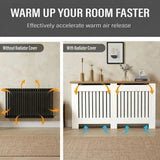 [Large | White] Radiator Cover heat circulation diagram comparing airflow with and without the cover, showing dual-section vertical slat ventilation