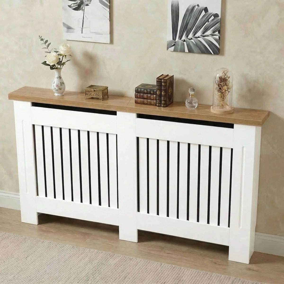 [Large | White] Radiator Cover with oak top shelf styled with flowers, vintage books.