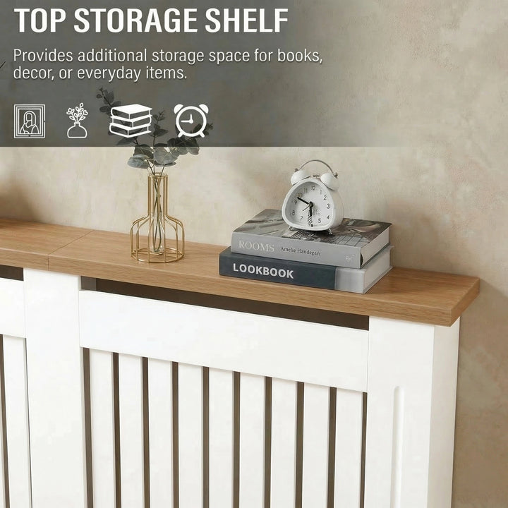 [Large | White]  Radiator Cover oak top shelf close-up with stacked books, a clock