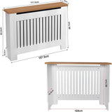 [Medium | White] Radiator Cover dimensions showing 111.5cm width, 83.2cm height, and 16.9cm internal depth from front and rear angles