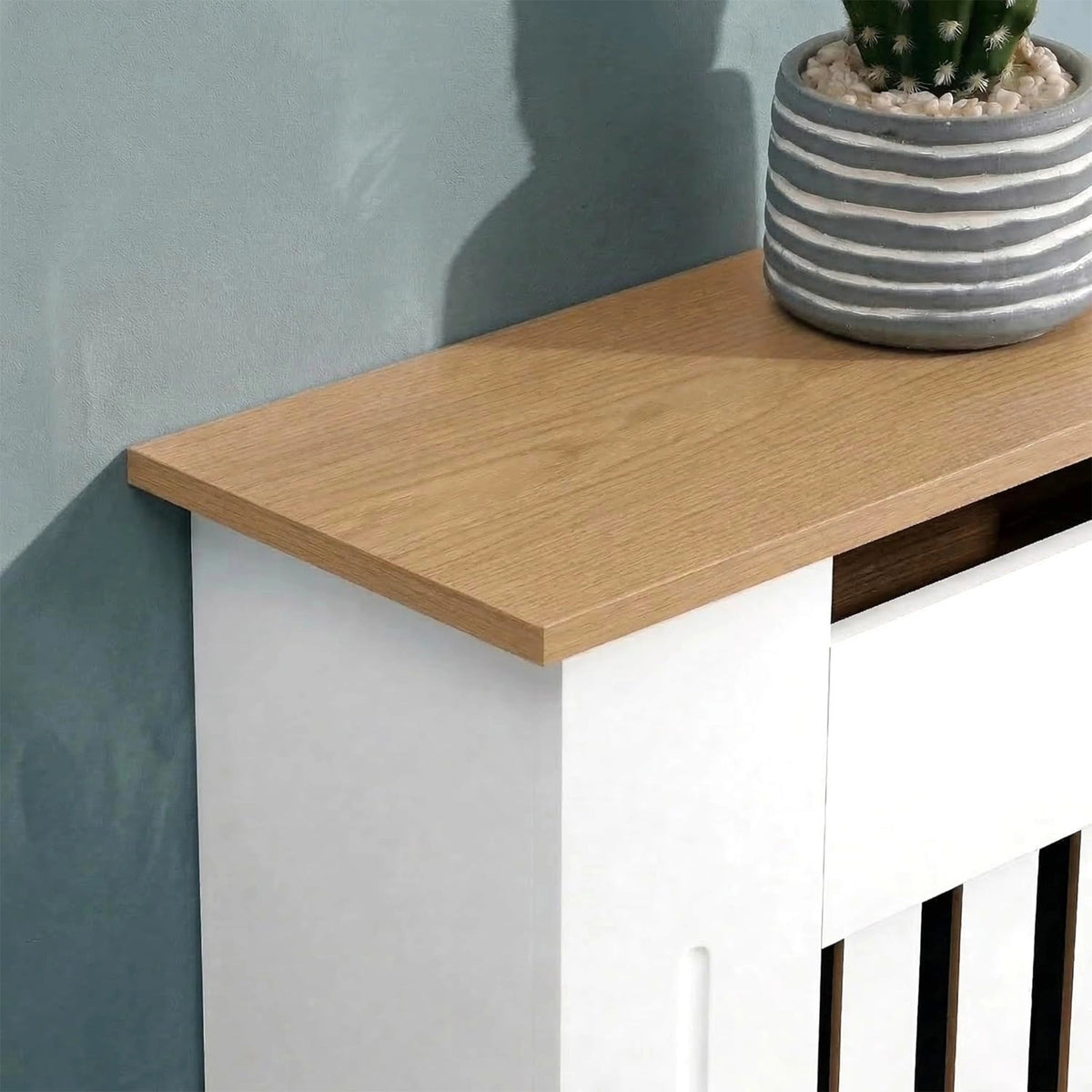 [Medium | White] Radiator Cover oak top shelf close-up 