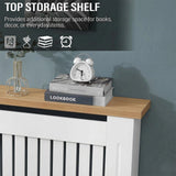 [Medium | White] Radiator Cover corner detail showing the natural oak-effect top panel edge and white MDF body
